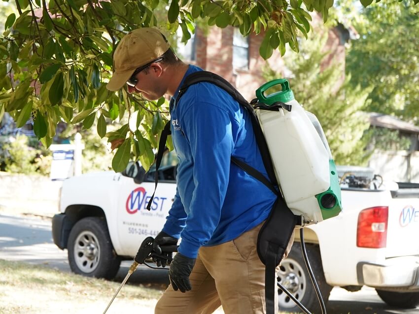 Man wearing blue shirt sprays for lawn control outside of residential property on a sunny day