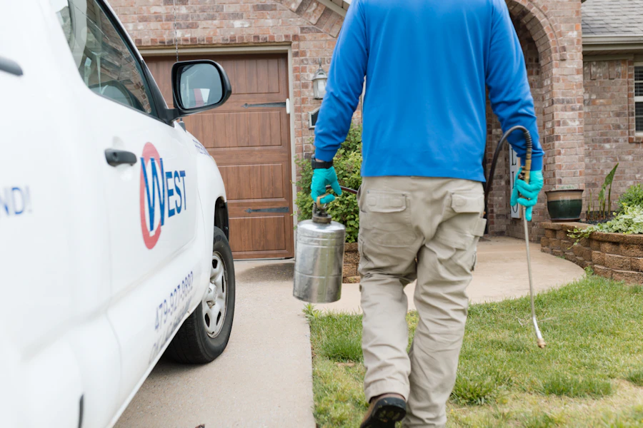 A pest control worker wearing gloves and carrying equipment walks toward a brick house. A white pest control company truck is parked in the driveway.