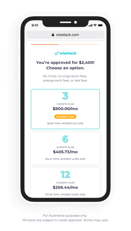 A smartphone screen displays a Wisetack approval for a $2,400 loan with three payment plans: 3 months at $800/mo (0% APR), 6 months at $405.73/mo (9.91% APR), and 12 months at $206.44/mo (9.91% APR).