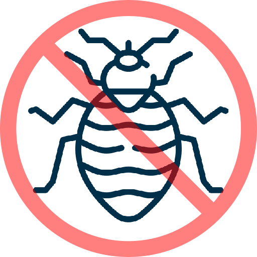 A simple line drawing of a bug inside a red prohibition sign, indicating no bugs or pest control.
