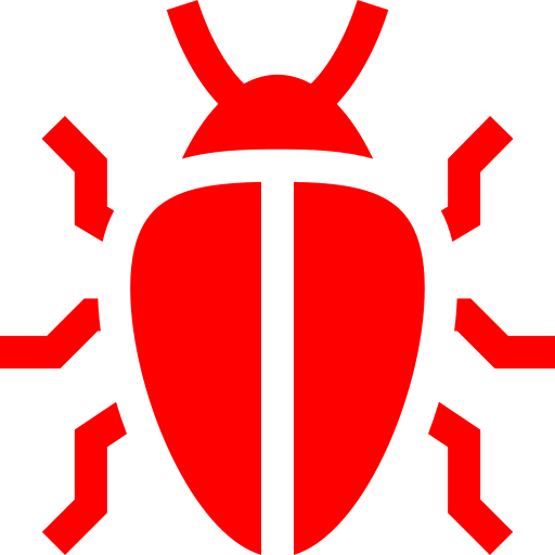 A simplified red bug icon on a light gray background, often used to represent software bugs or errors in digital contexts.