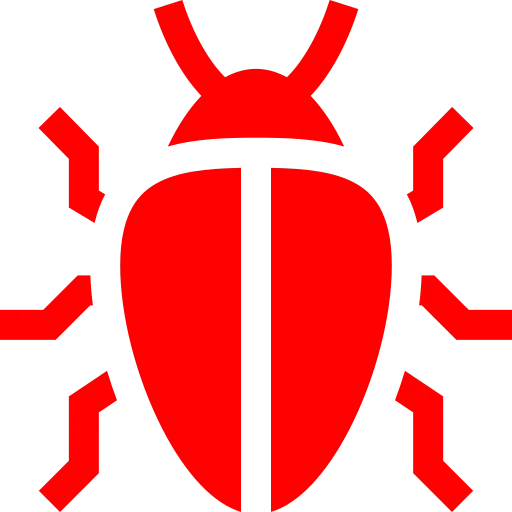 A simplified red bug icon on a light gray background, often used to represent software bugs or errors in digital contexts.