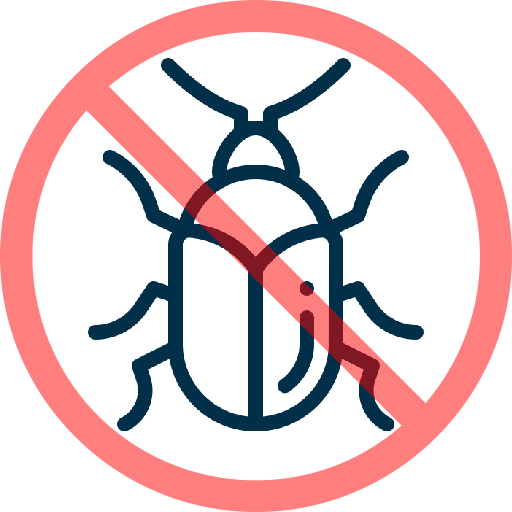 A simple illustration of a bug inside a red prohibition symbol, indicating no bugs or pest control.