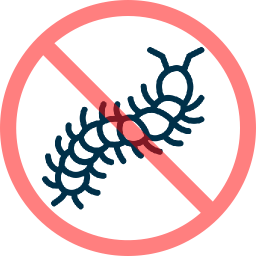A drawing of a centipede inside a red prohibition sign, indicating no centipedes or centipedes not allowed.