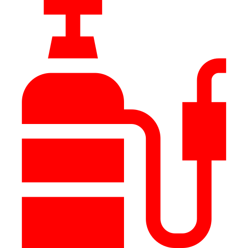 A red icon of a gas pump with a hose and nozzle on a light gray background, symbolizing fuel or a fueling station.