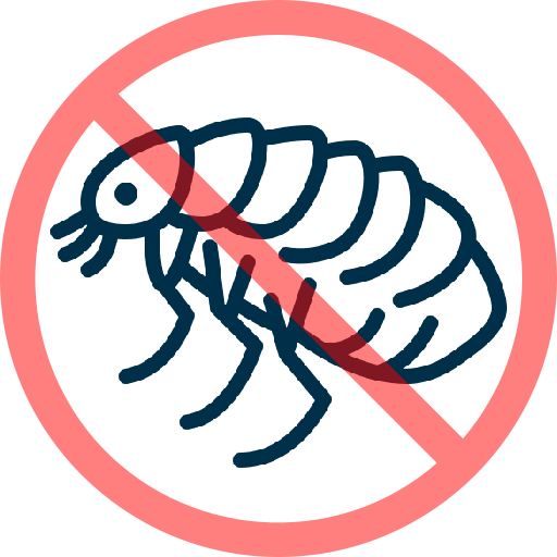 A simple black line drawing of a flea is overlaid with a red prohibition circle and slash, indicating no fleas or a flea-free zone.