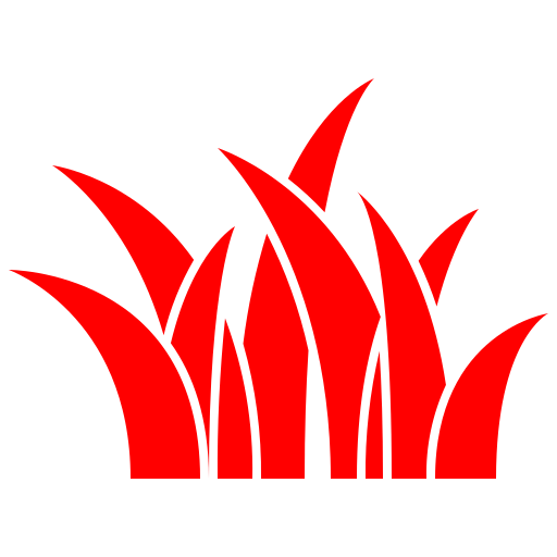 A simple graphic of red grass blades on a light gray background, with various lengths and angles creating a stylized, abstract appearance.