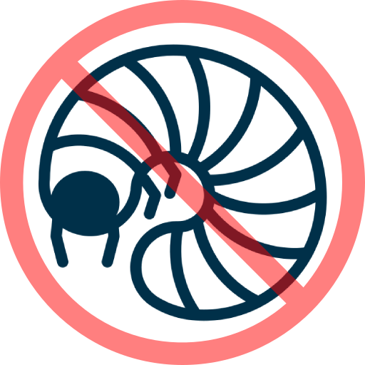 A stylized drawing of a pill bug inside a red prohibition circle with a diagonal line, indicating no pill bugs or pest control.