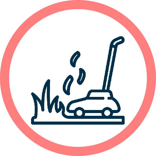 Outline icon of a lawn mower cutting grass with a red circle border around it, indicating lawn mowing or grass cutting services.