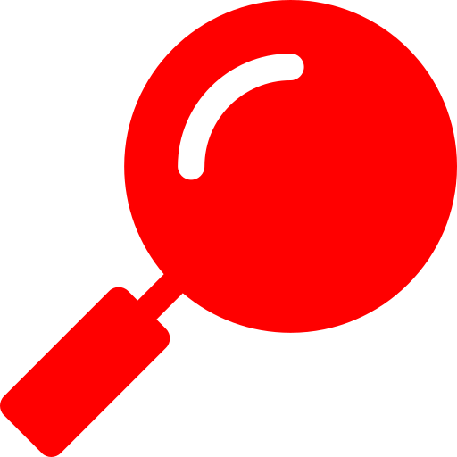 A simple red magnifying glass icon with a circular lens and a straight handle, set against a light gray background.