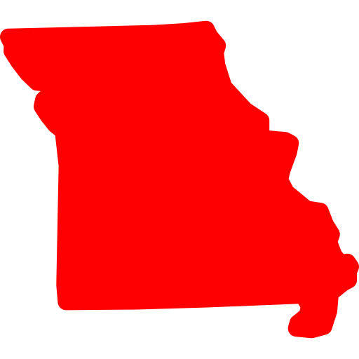 Solid red silhouette of the state of Missouri on a light gray background.
