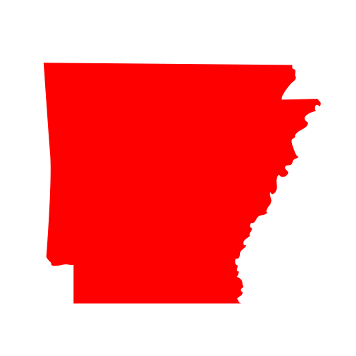 A solid red silhouette of the state of Arkansas on a light gray background.