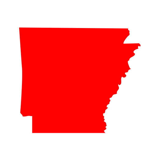 A solid red silhouette of the state of Arkansas on a light gray background.