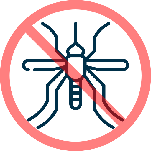 A simple line drawing of a mosquito is overlaid with a red prohibition sign, indicating no mosquitoes or mosquitoes not allowed.