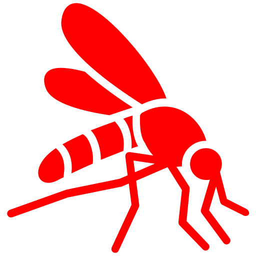 A simple red silhouette icon of a mosquito with two wings, a segmented body, six legs, and a proboscis on a light gray background.