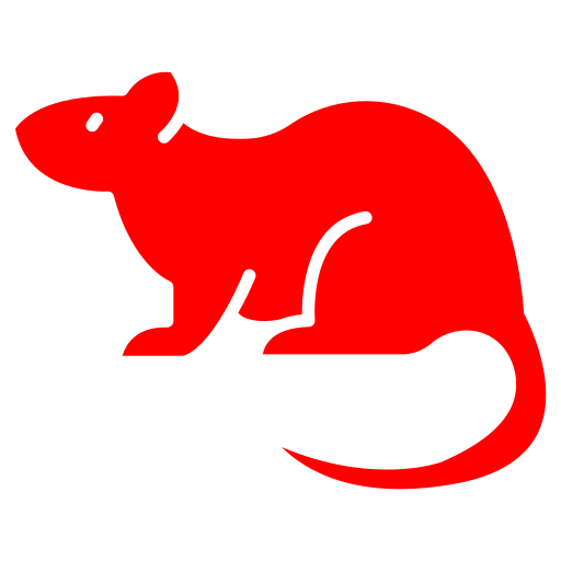 A simple, solid red silhouette of a rat facing left, with a visible ear, eye, legs, and a long curled tail, on a light gray background.