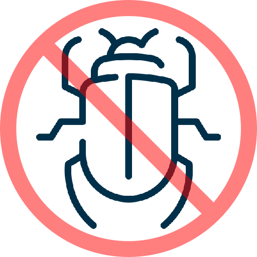 A simple black line drawing of a bug is overlaid with a red prohibition symbol, indicating no bugs or bug-free.