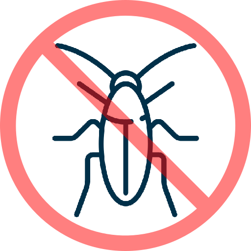 A simple line drawing of a cockroach is shown inside a red circle with a diagonal line through it, indicating no cockroaches or cockroach prohibited.