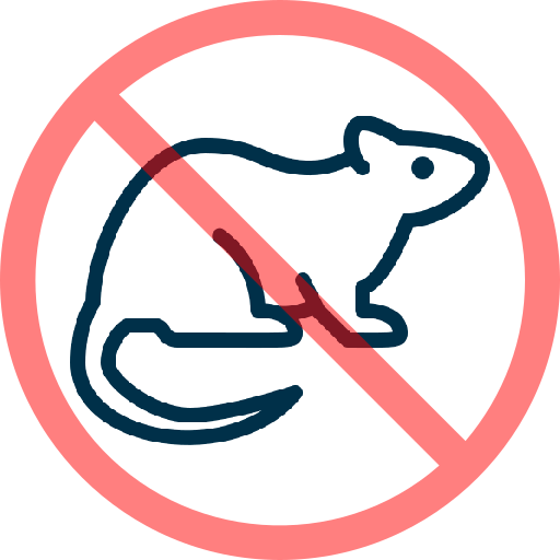 A simple drawing of a rat inside a red prohibition sign, indicating no rats or no rodents allowed.