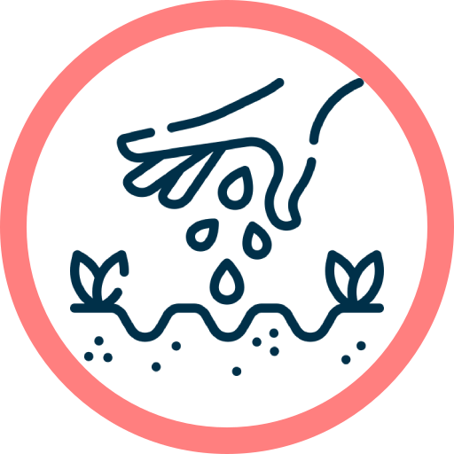 A simple line drawing of a hand watering two small plants, with drops falling from the hand, all inside a red circular border.