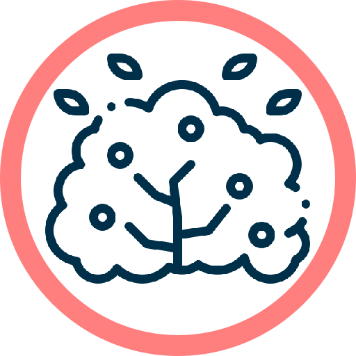 Simple line drawing of a bush with berries and falling leaves, encircled by a thick red border.