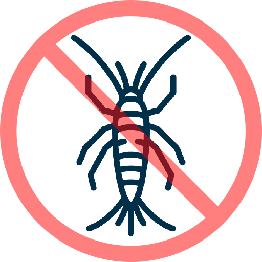 A simple graphic of an insect with a red prohibition symbol over it, indicating no insects or pest control.