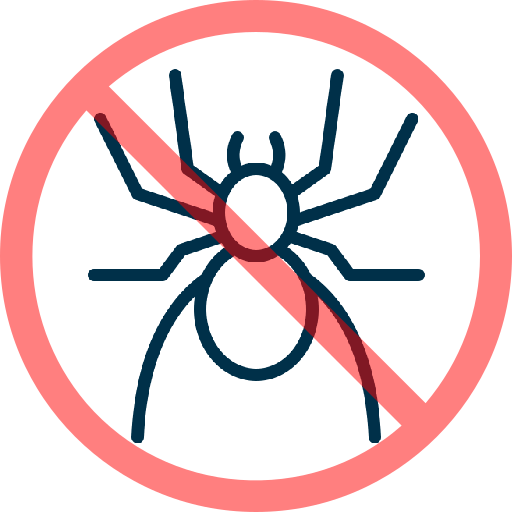 A simple black outline of a spider is overlaid with a red prohibition symbol, indicating no spiders or spiders not allowed.
