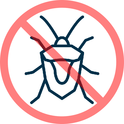 A simple line drawing of a bug with a red prohibition symbol over it, indicating no bugs or pest control.