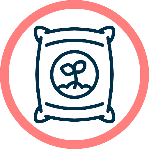 Icon of a fertilizer bag with a sprout symbol in the center, outlined in dark blue and encircled by a thick pink border.