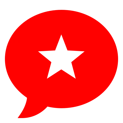 A red speech bubble with a white star in the center, set against a light gray background.